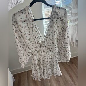 White Floral Ruffled V-Neck Mini Dress